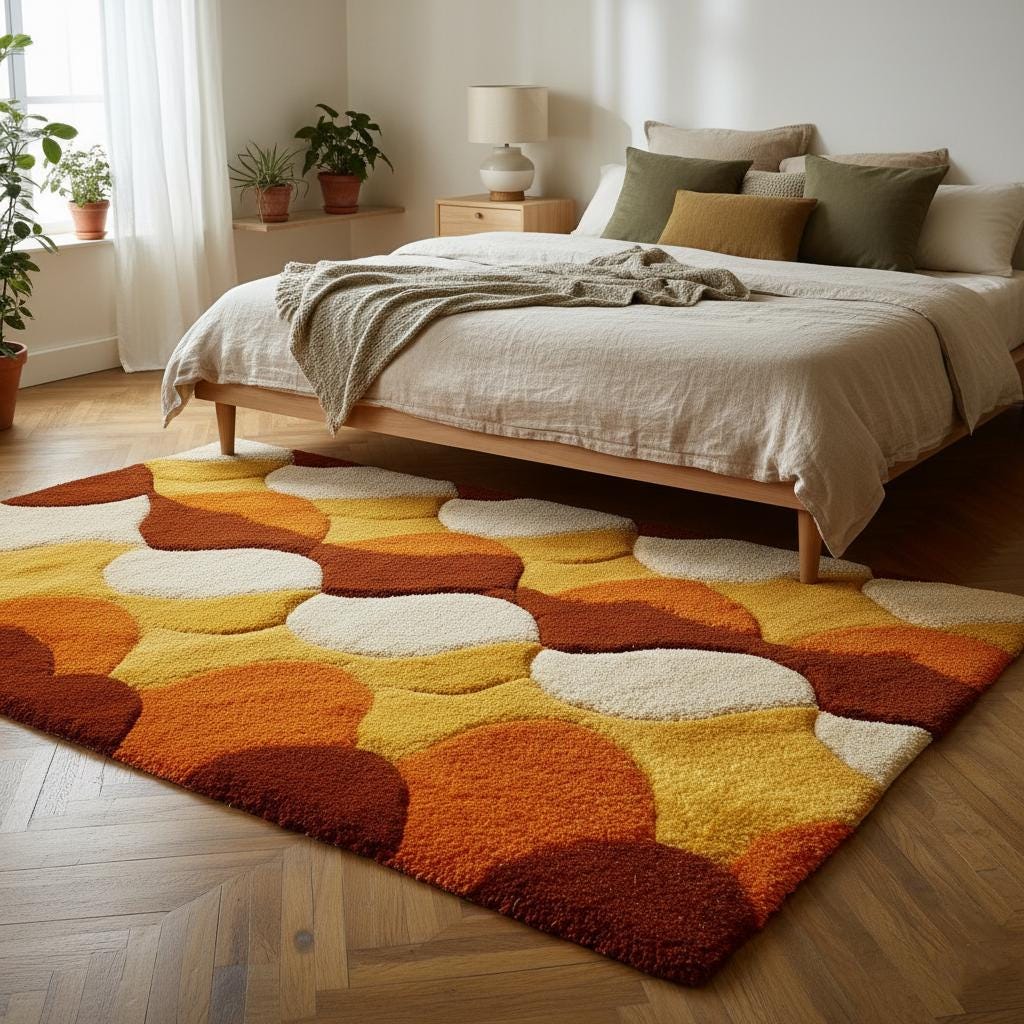 Retro Shag Rug: Hand-Tufted Wool, Geometric Circles, 70s Style
