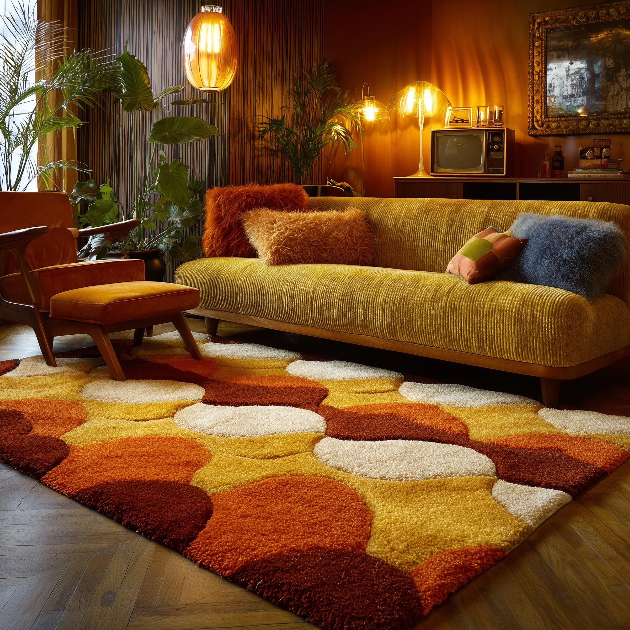 Retro Shag Rug: Hand-Tufted Wool, Geometric Circles, 70s Style