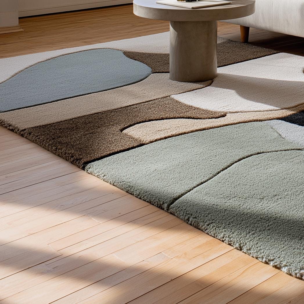 Neutral Abstract Area Rug: Hand-Tufted Wool-Blend Geometric Carpet