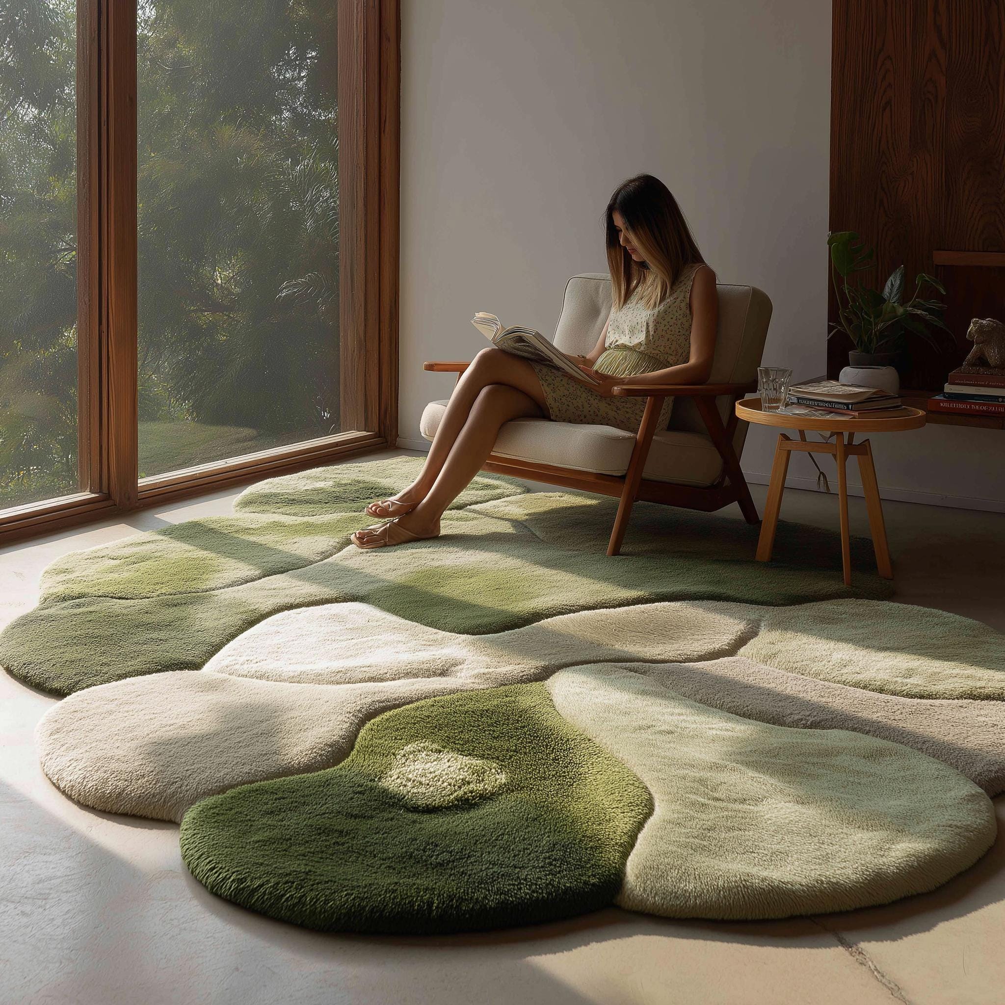 Handmade Moss Green Abstract Tufted Wool Rug - 8x8 Feet