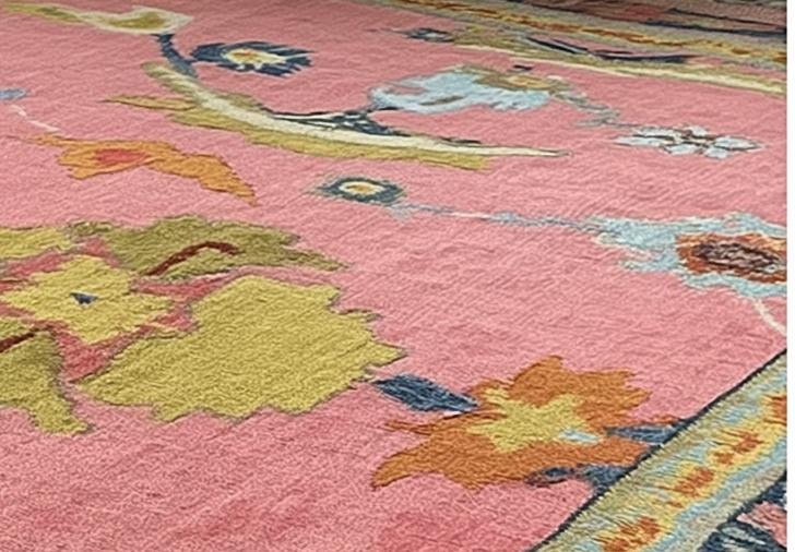 Handmade Oushak Wool Rug: Pink & Sky Blue Turkish Knot, 8x10