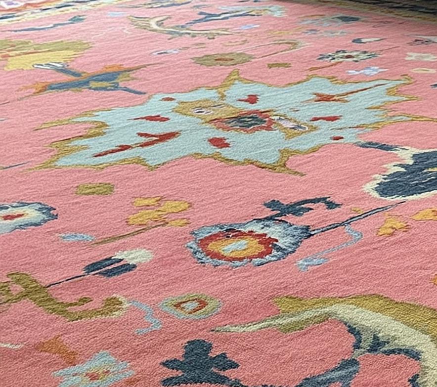 Handmade Oushak Wool Rug: Pink & Sky Blue Turkish Knot, 8x10