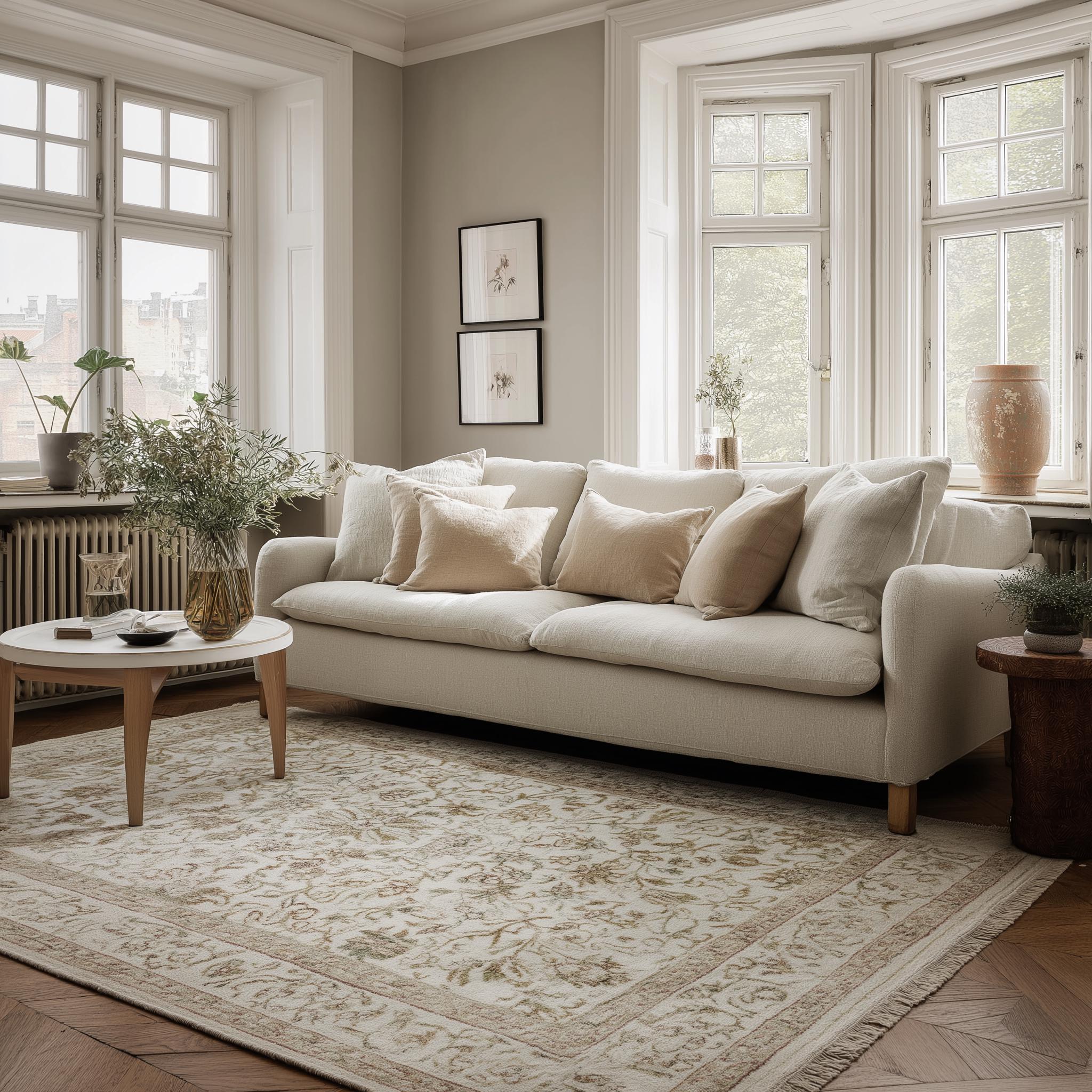 Hand-Knotted Oushak Rug: Floral Wool Area Rug, Beige & Cream