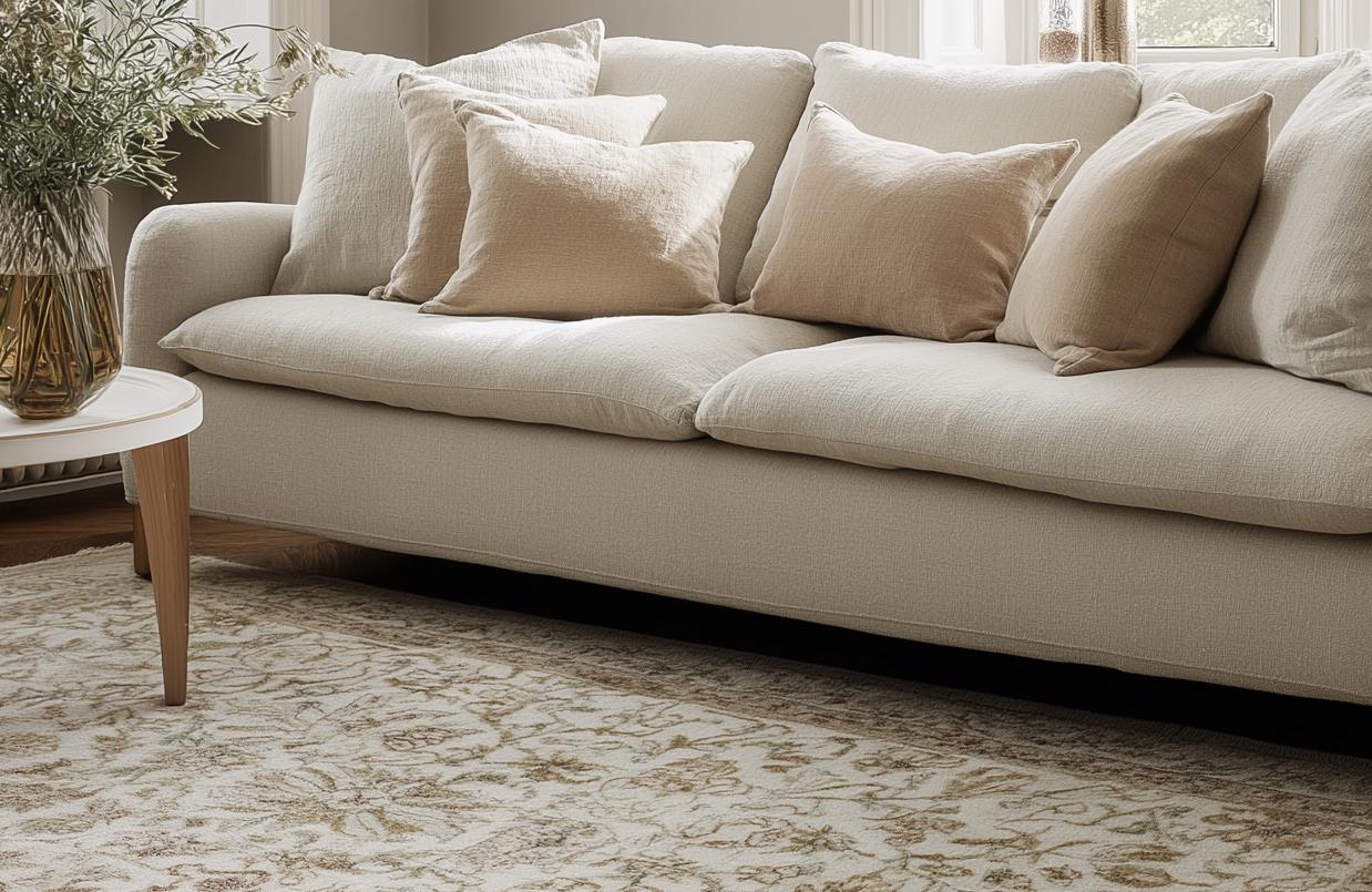 Hand-Knotted Oushak Rug: Floral Wool Area Rug, Beige & Cream