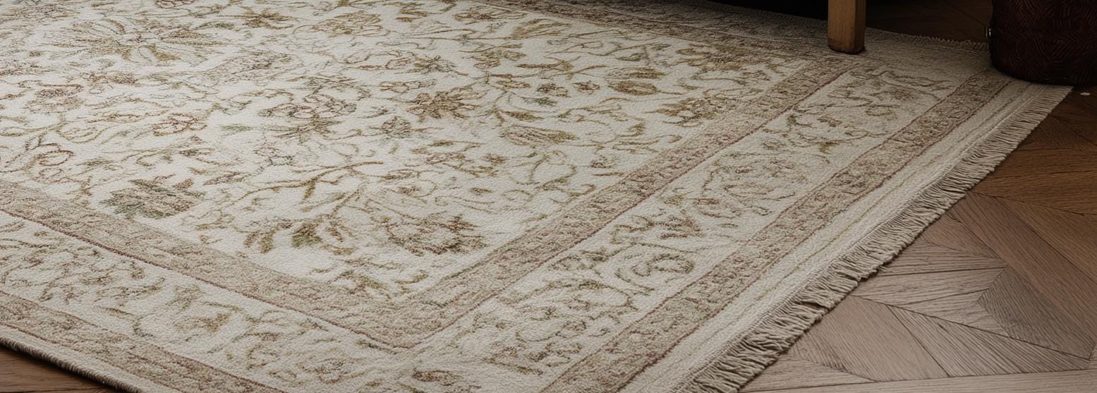 Hand-Knotted Oushak Rug: Floral Wool Area Rug, Beige & Cream