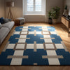 Modern Geometric Blue & Cream Area Rug — Statement Living Room Rug with Beige Square Accents