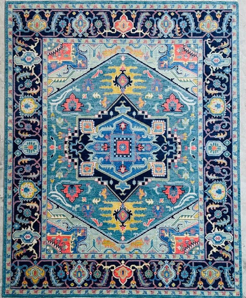 Hand-Knotted Oushak Area Rug: Wool Geometric Medallion, Persian Style