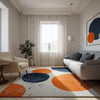 Modern Abstract Area Rug: Cream, Orange & Navy Circle Design