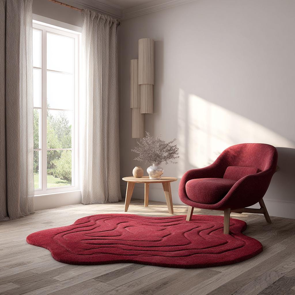 Handmade Tufted Red Rug: Modern 3D Wave Design, Irregular Shape size- 4x6 feet