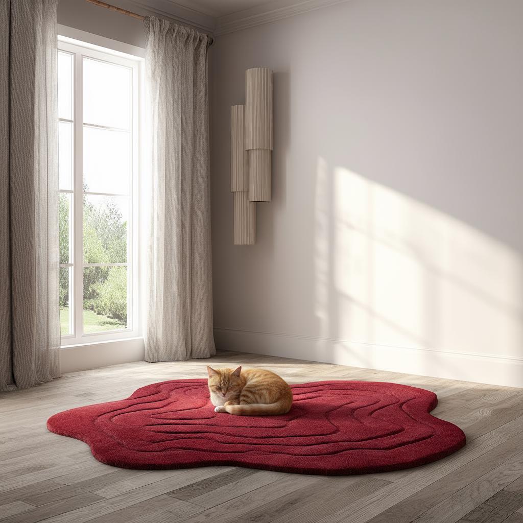 Handmade Tufted Red Rug: Modern 3D Wave Design, Irregular Shape size- 4x6 feet