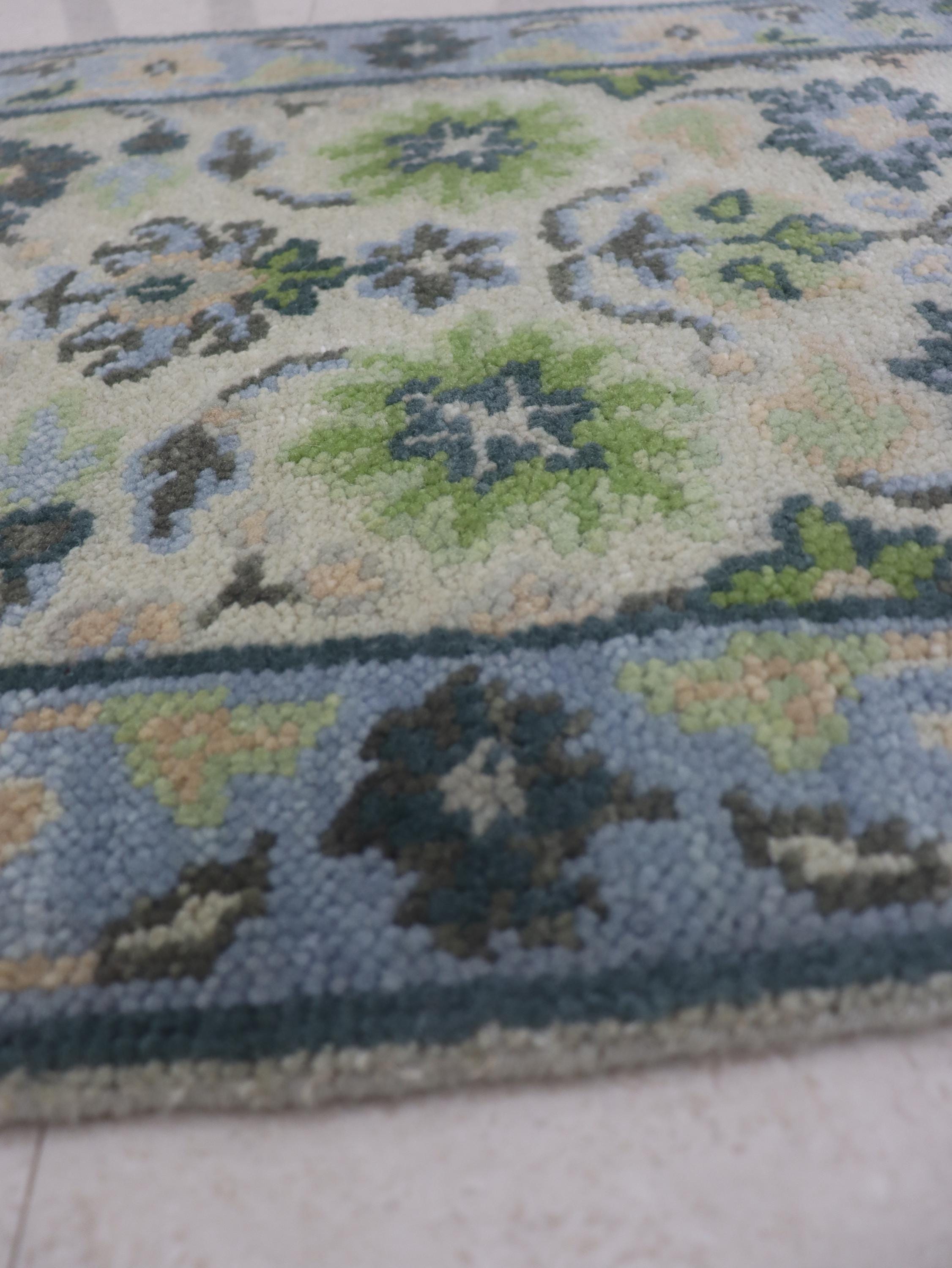 Handmade Oushak Wool Rug: Vintage Green & Blue Floral Carpet, 2x3 feet