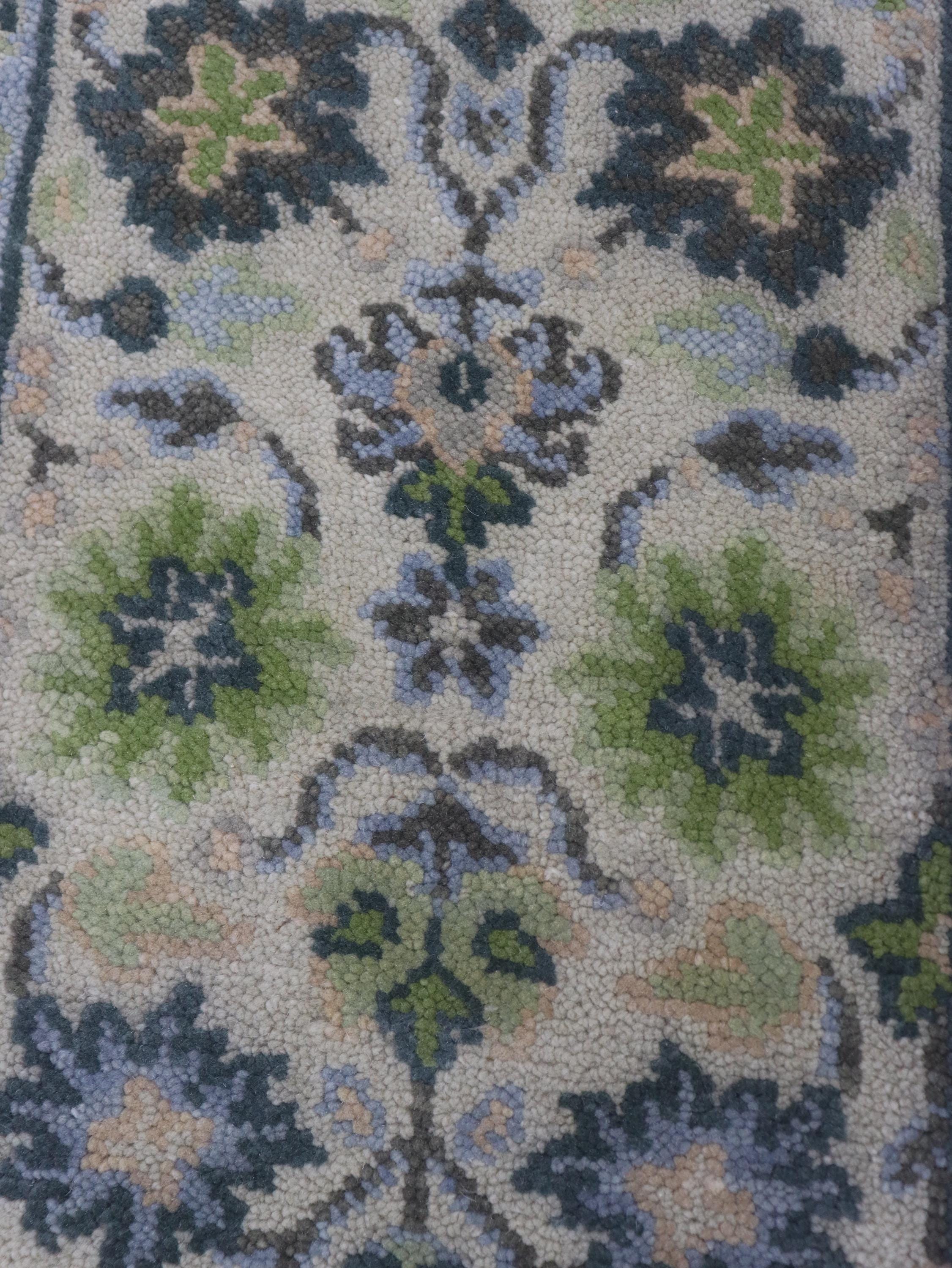 Handmade Oushak Wool Rug: Vintage Green & Blue Floral Carpet, 2x3 feet