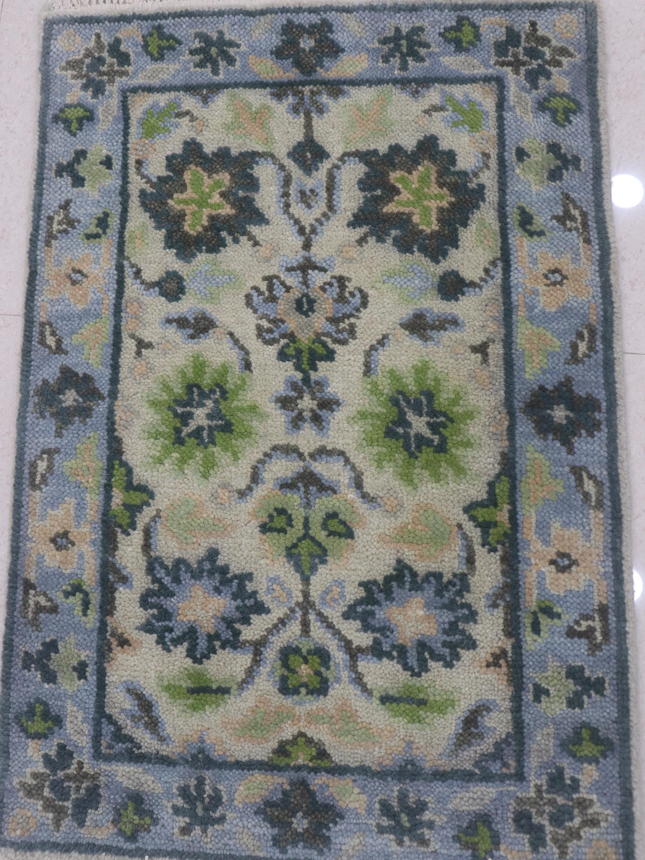 Handmade Oushak Wool Rug: Vintage Green & Blue Floral Carpet, 2x3 feet
