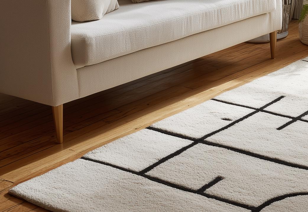 Handmade Geometric Tufted Wool Rug: Black and White Abstract Design (6x9 ft