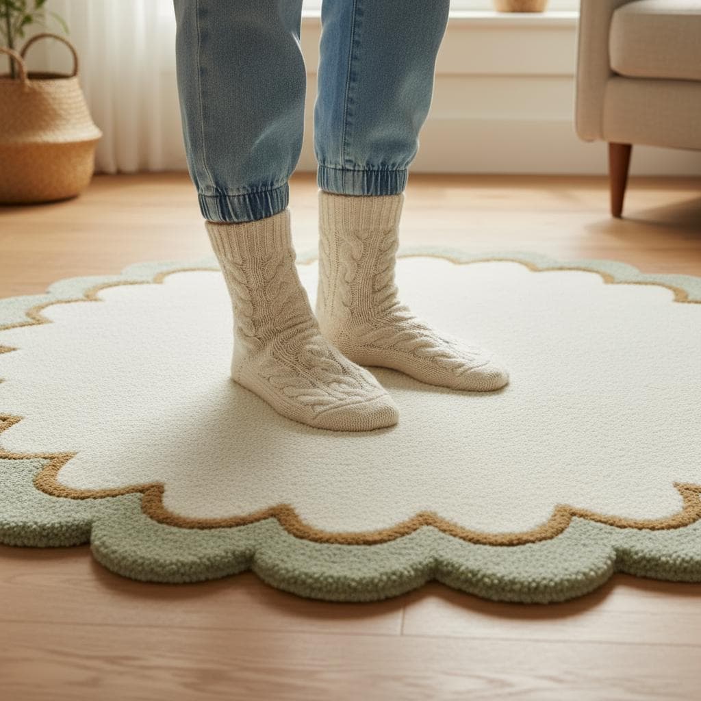 Sage Green Wool Rug: Modern Minimalist Round Carpet, White Border (6x6 ft)