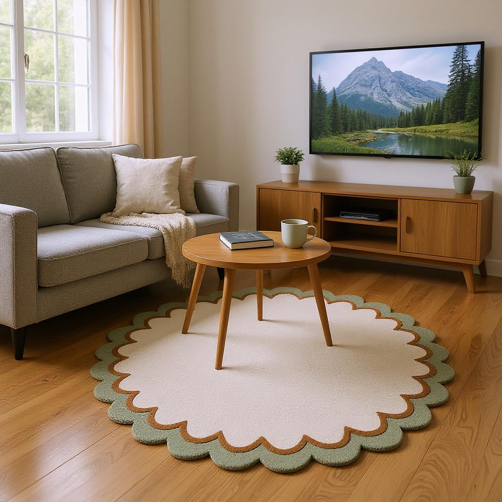 Sage Green Wool Rug: Modern Minimalist Round Carpet, White Border (6x6 ft)