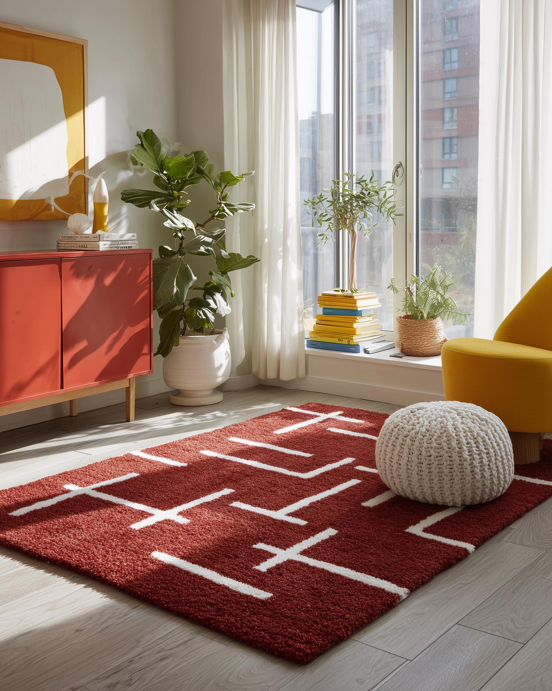 Mid-Century Modern Hand-Tufted Wool Rug: Abstract Geometric Orange & Blue