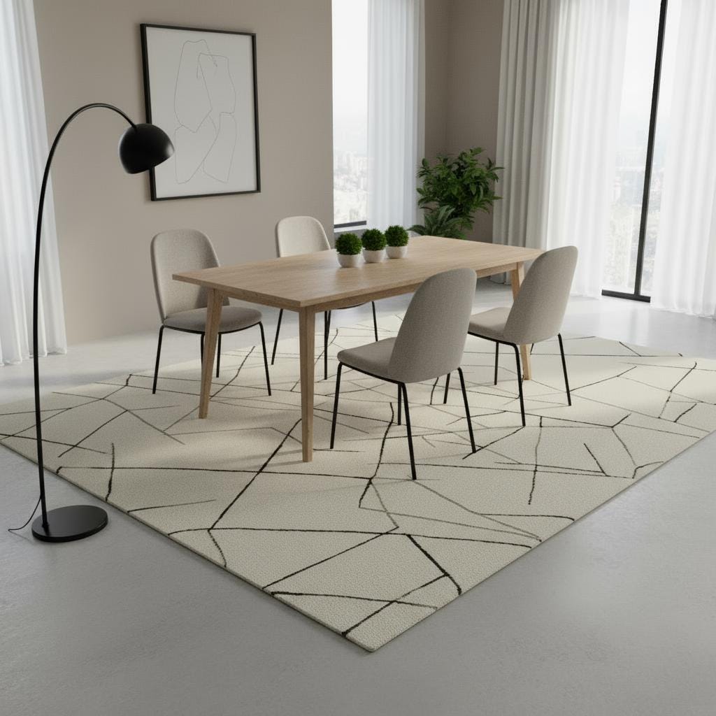 Handmade Wool Area Rug: Abstract Geometric Cream and Black Rug
