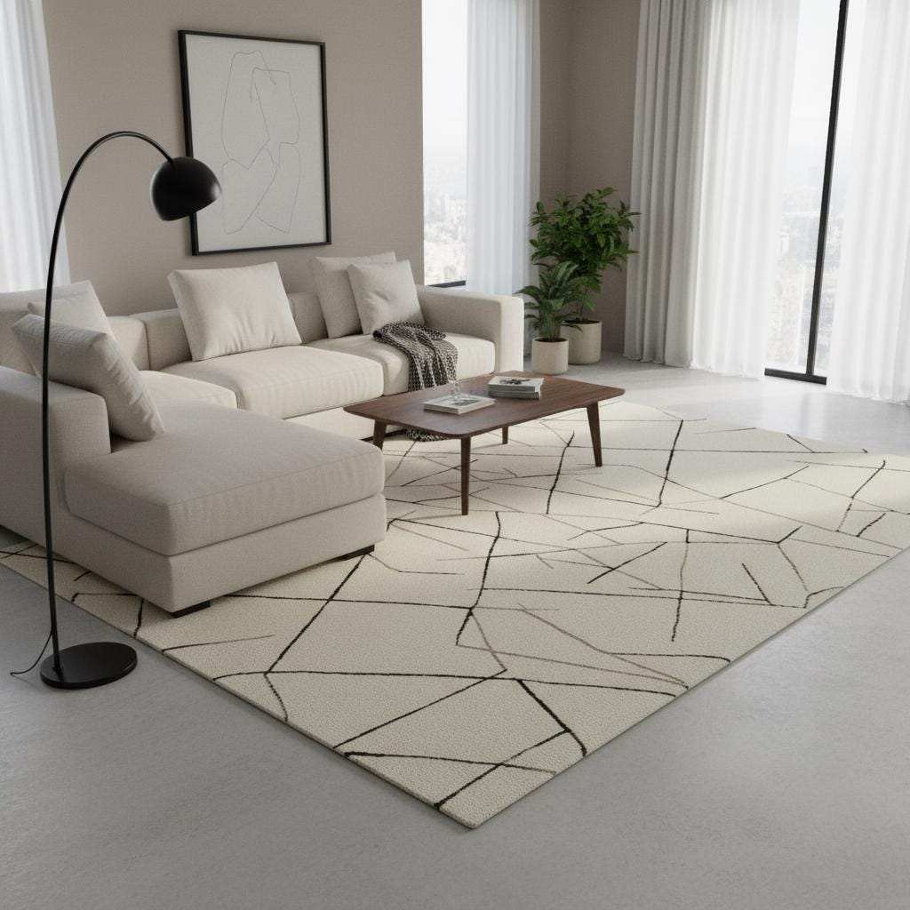 Handmade Wool Area Rug: Abstract Geometric Cream and Black Rug