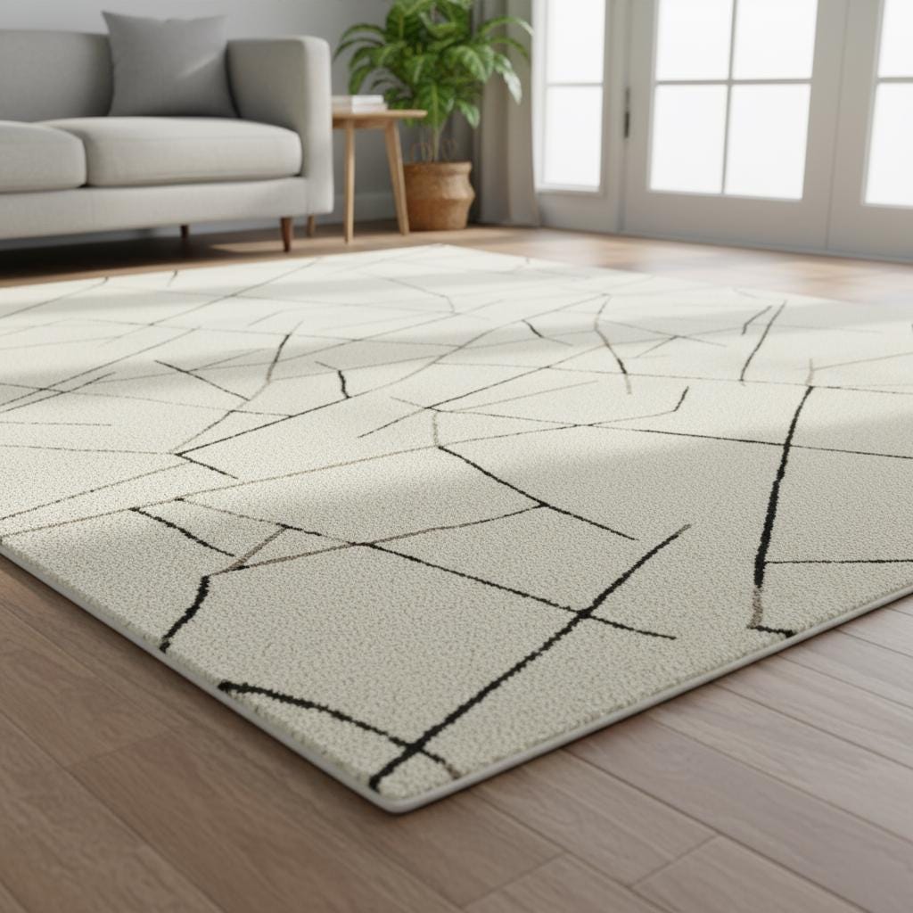 Handmade Wool Area Rug: Abstract Geometric Cream and Black Rug