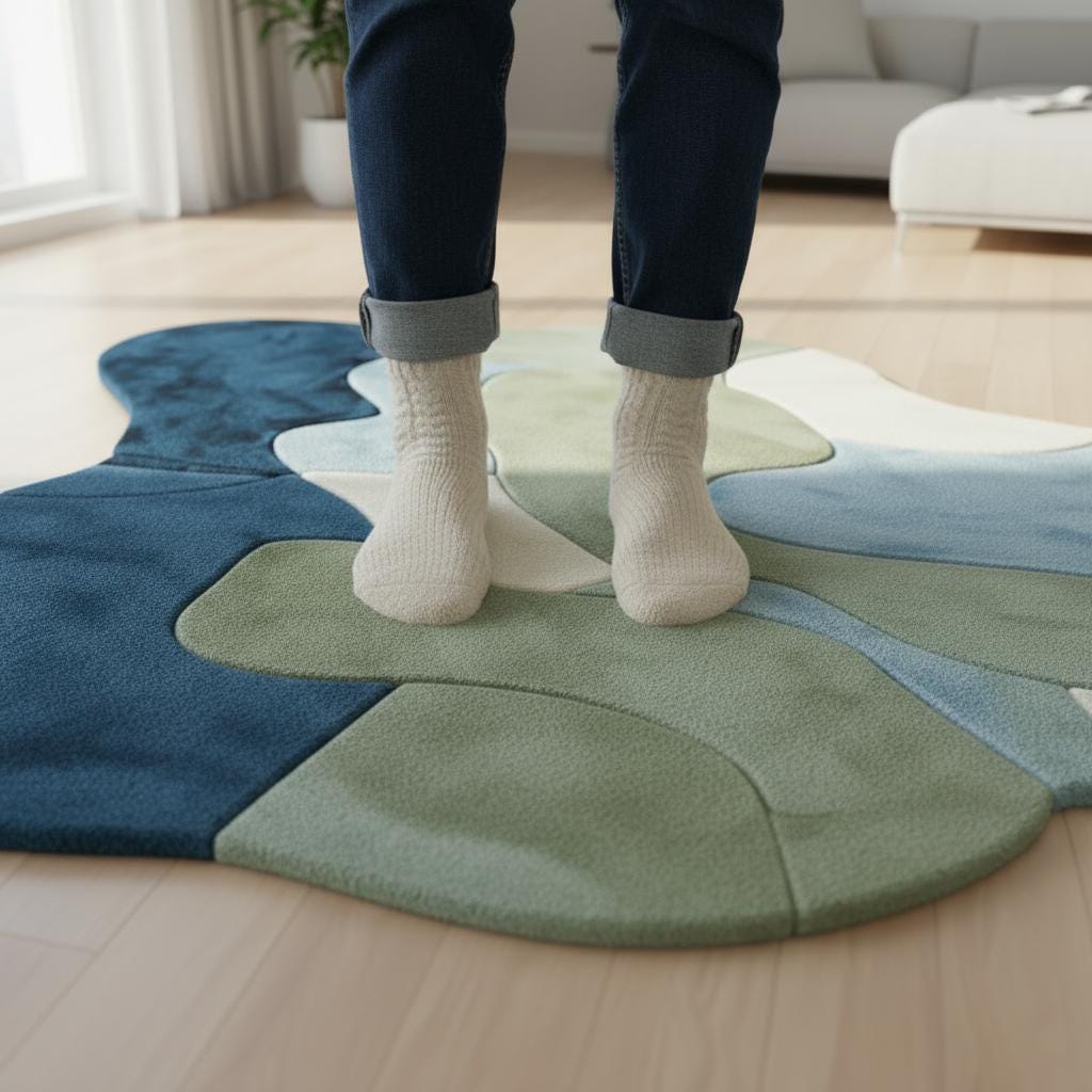 Abstract Wavy Area Rug: Handmade Wool Tufted Carpet, Blue Green Cream