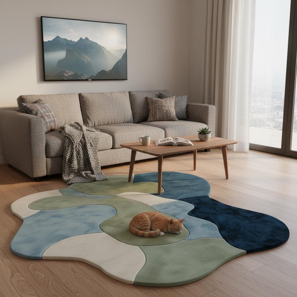 Abstract Wavy Area Rug: Handmade Wool Tufted Carpet, Blue Green Cream