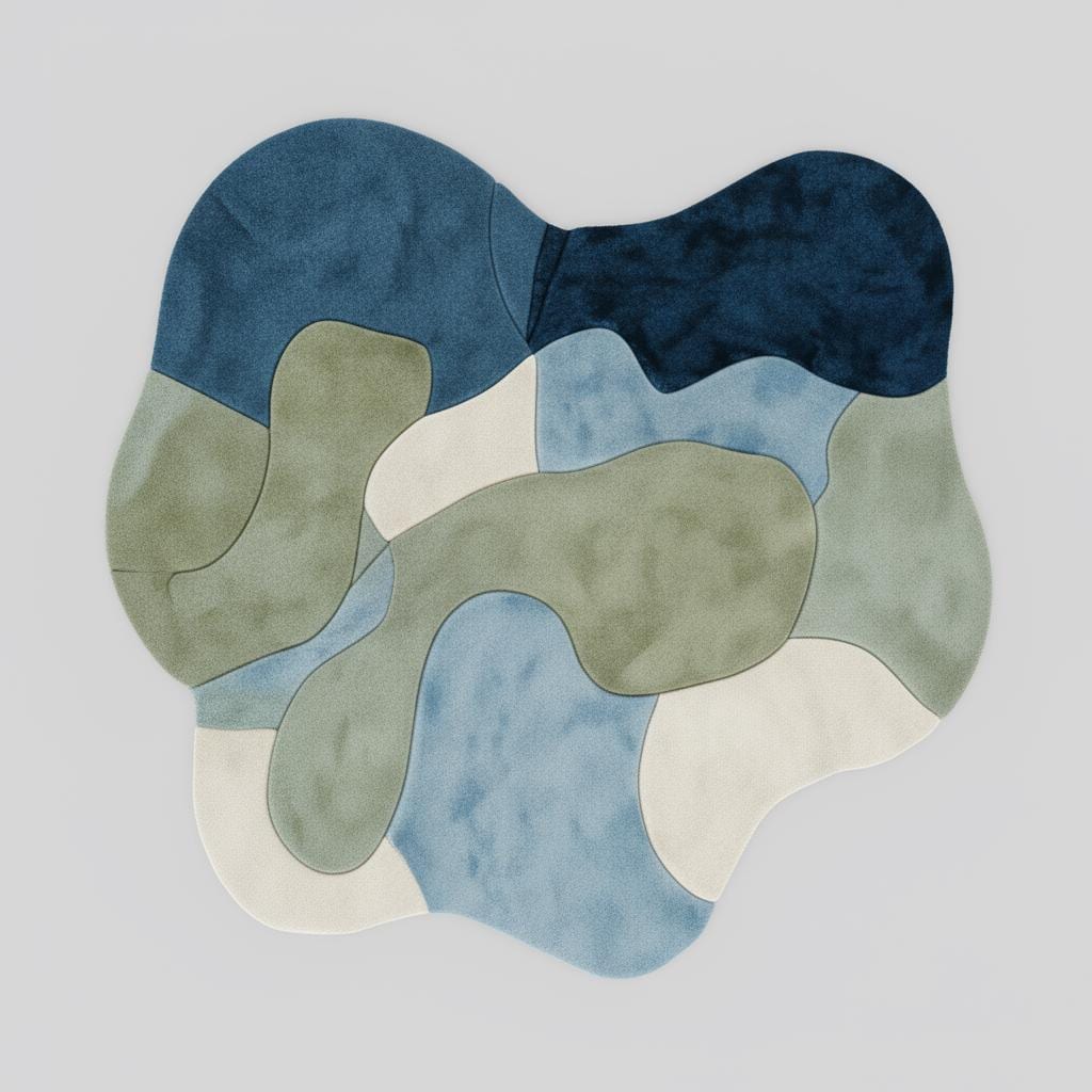 Abstract Wavy Area Rug: Handmade Wool Tufted Carpet, Blue Green Cream