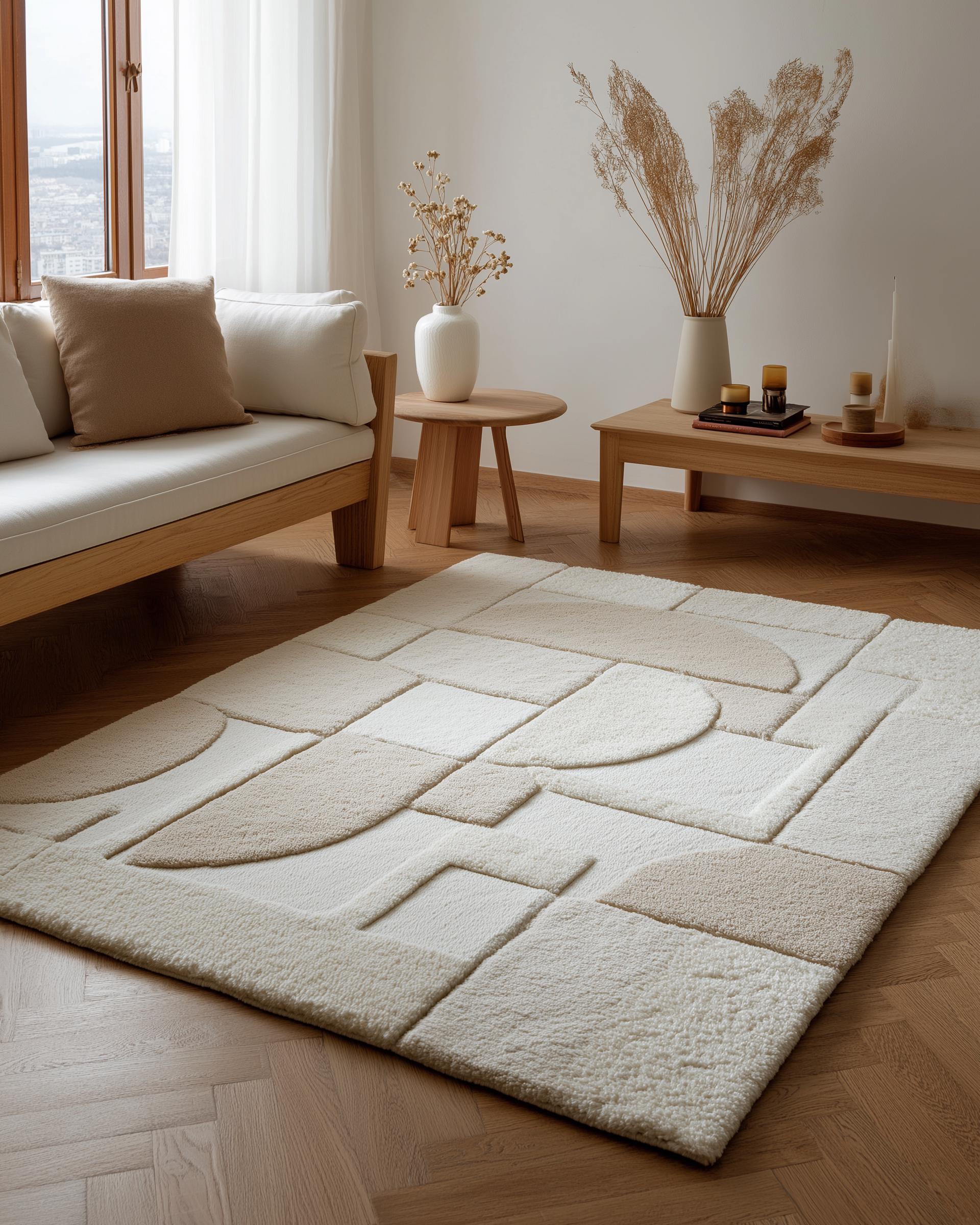 3D Textured Geometric Area Rug: Modern Beige & Cream Carpet