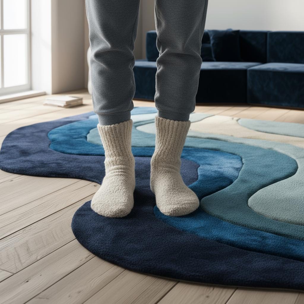 Handmade Tufted Wool Area Rug: Abstract Wave Design, Blue & Cream - 5x8 ft