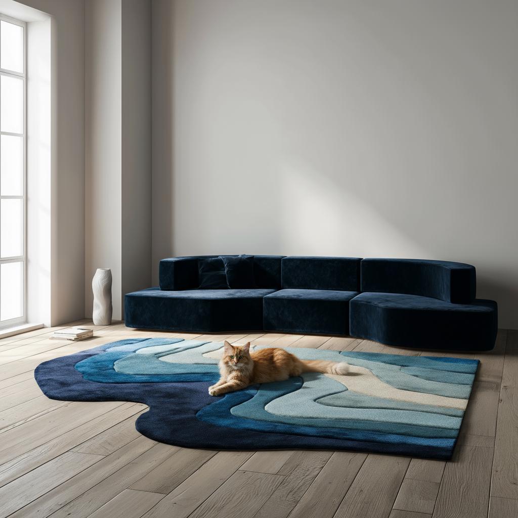 Handmade Tufted Wool Area Rug: Abstract Wave Design, Blue & Cream - 5x8 ft