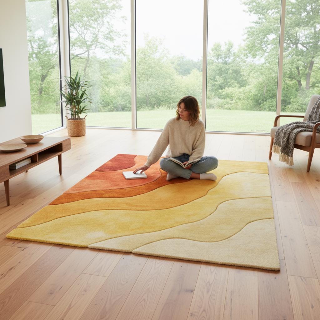 Hand-Tufted Wool Area Rug: Earth Tone Gradient, Wavy Design - 6x9 ft