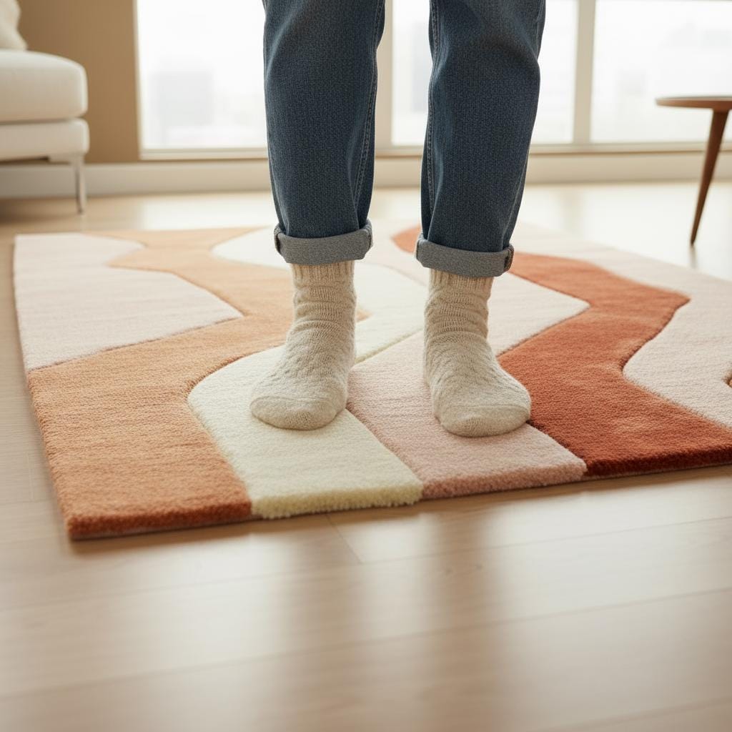 Handmade Tufted Wool Rug: Retro Wavy Design, Earth Tones, 6x9 ft
