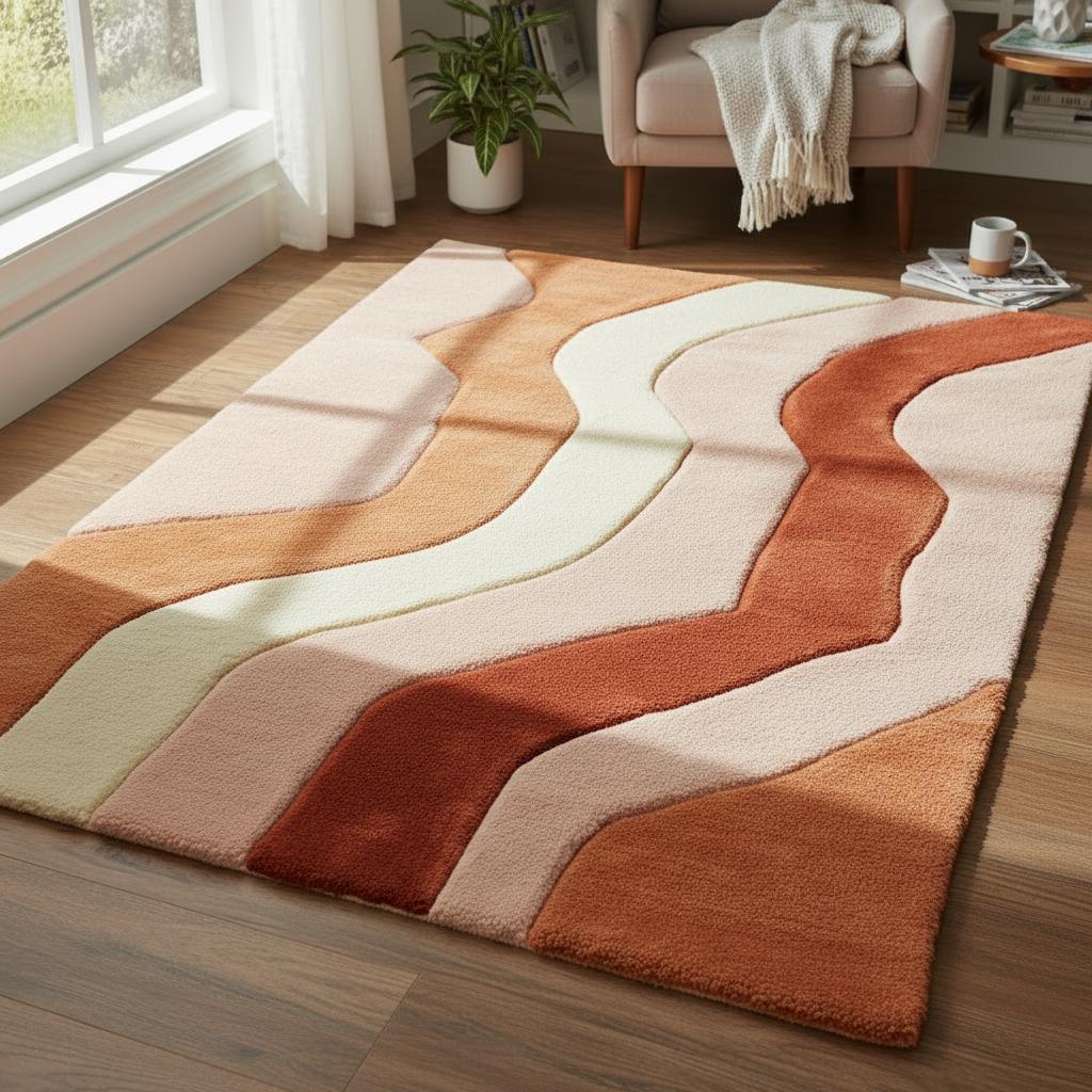 Handmade Tufted Wool Rug: Retro Wavy Design, Earth Tones, 6x9 ft