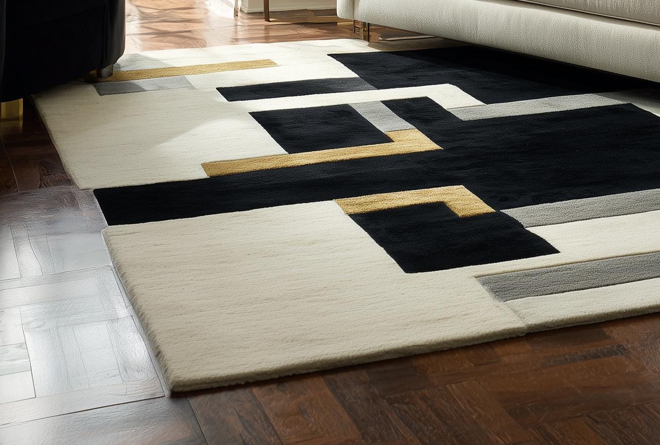Geometric Tufted Wool Rug: Modern Abstract Black, Grey, Mustard Yellow
