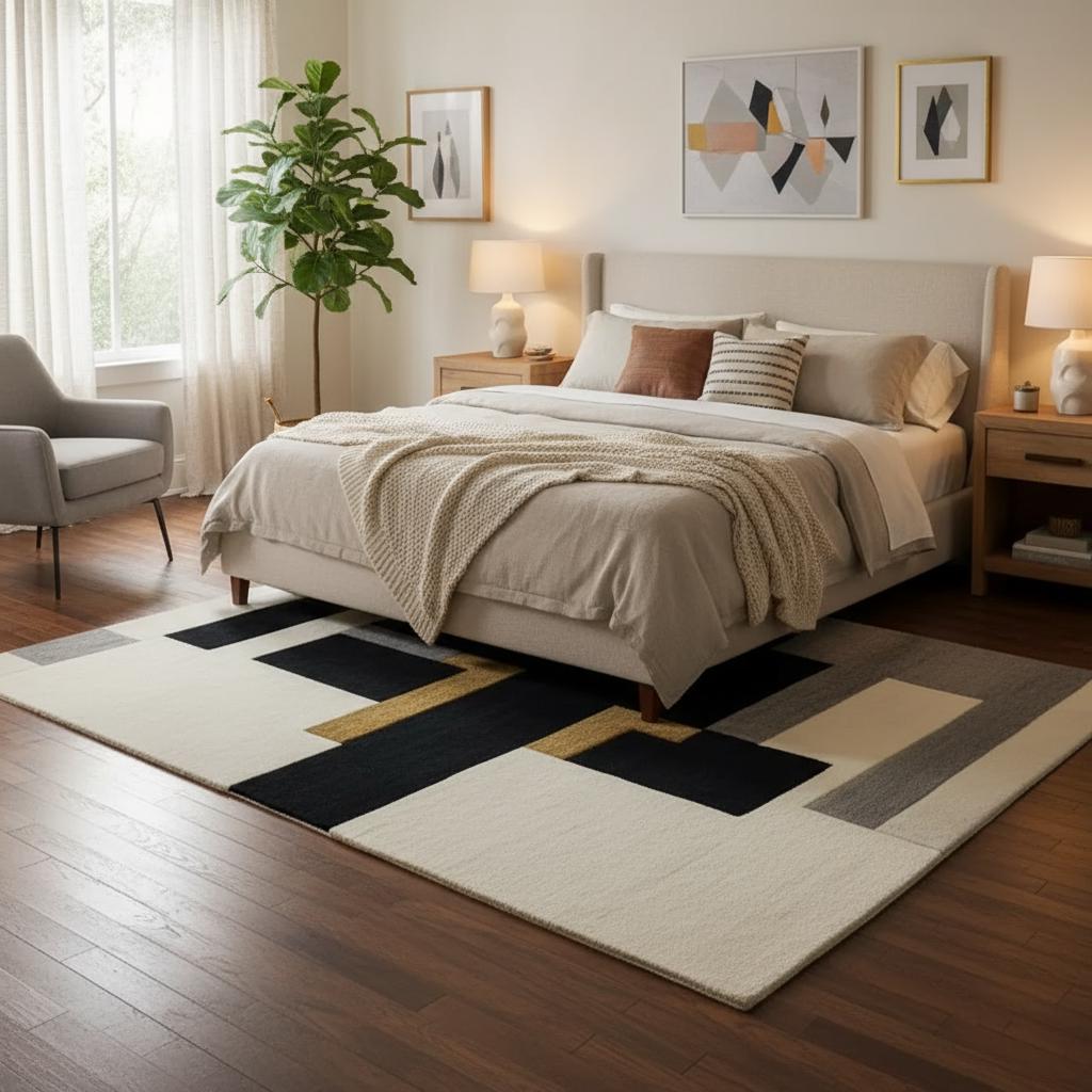 Geometric Tufted Wool Rug: Modern Abstract Black, Grey, Mustard Yellow