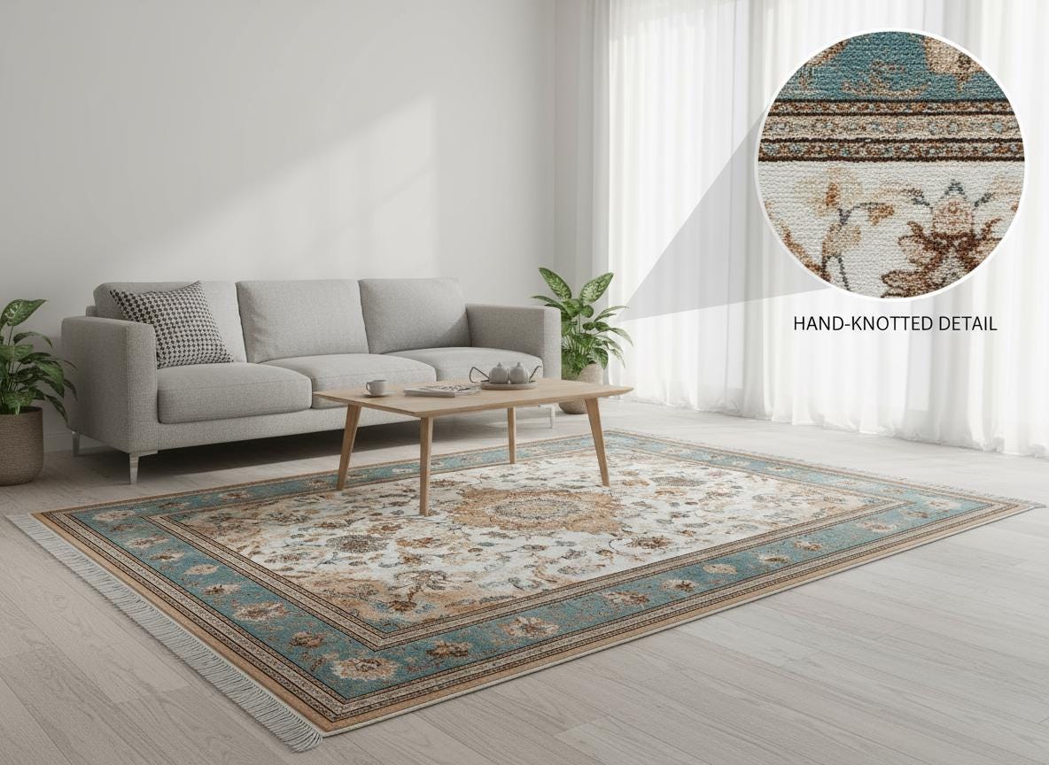 Hand-Knotted Wool Area Rug: Traditional Persian Floral Medallion Design