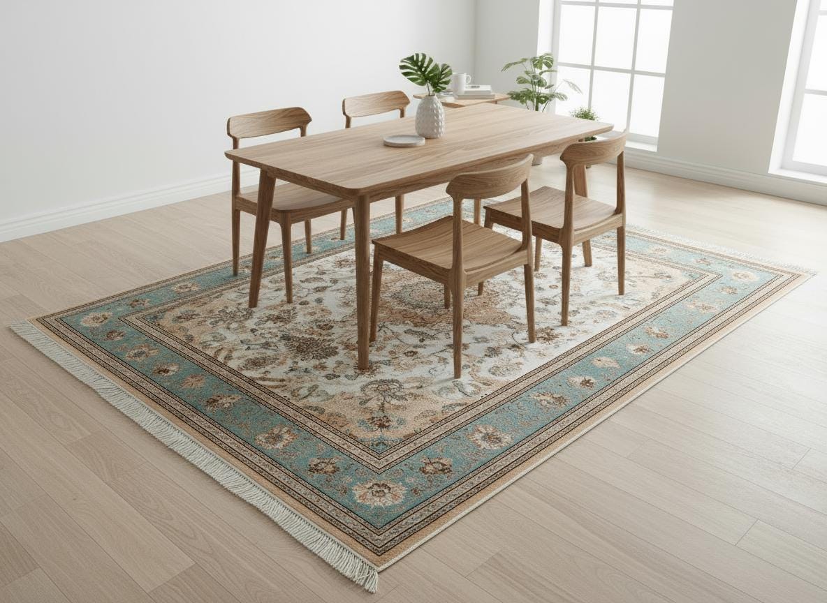 Hand-Knotted Wool Area Rug: Traditional Persian Floral Medallion Design