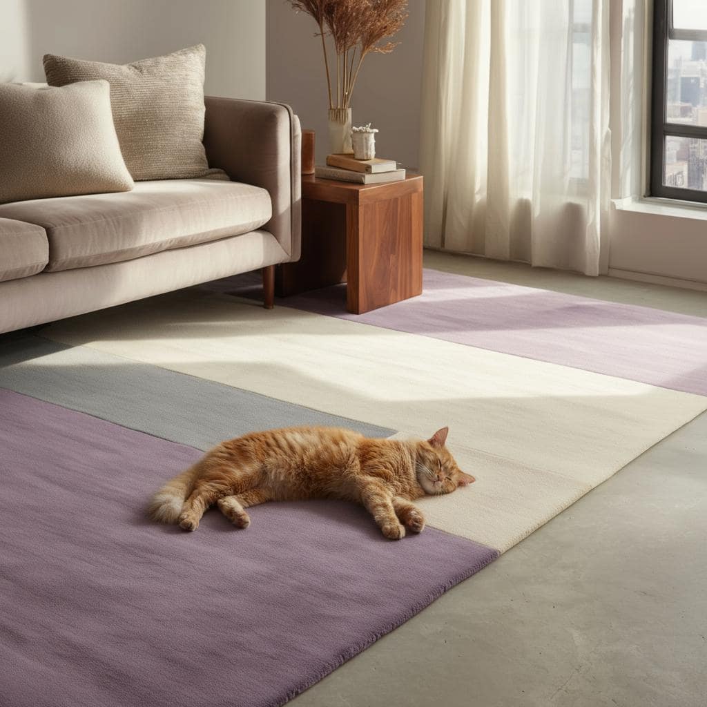 Hand-Tufted Wool Area Rug: Geometric Purple Gray Cream, Modern Minimalist