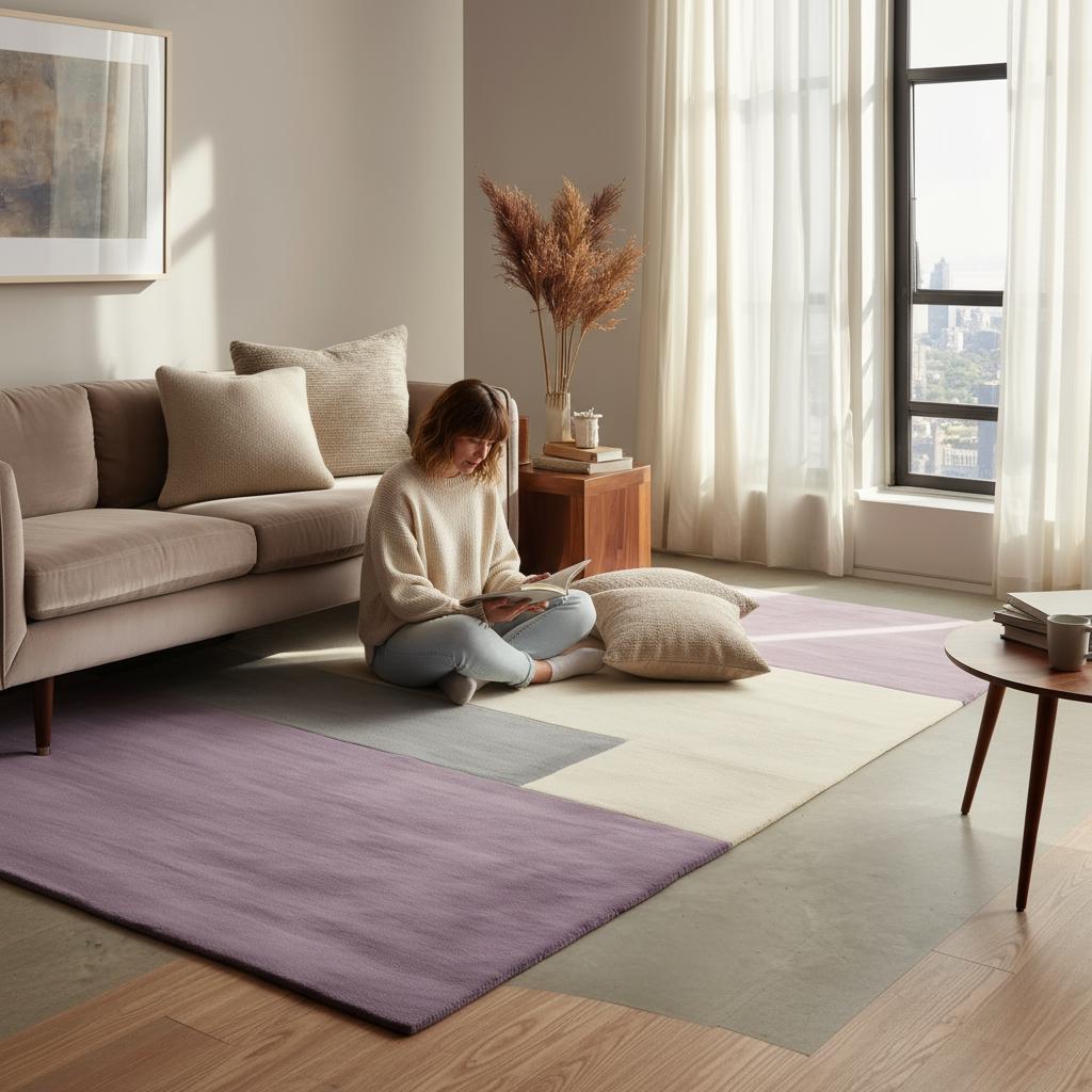 Hand-Tufted Wool Area Rug: Geometric Purple Gray Cream, Modern Minimalist
