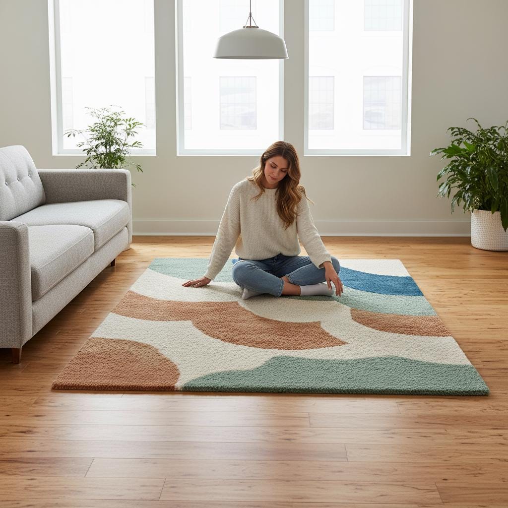 Handmade Wool Tufted Area Rug: Geometric Cloud Design, 6x9 ft