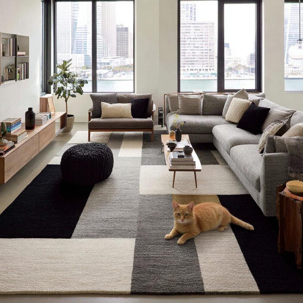Handmade Geometric Wool Area Rug: Modern Black, Gray & Cream Carpet
