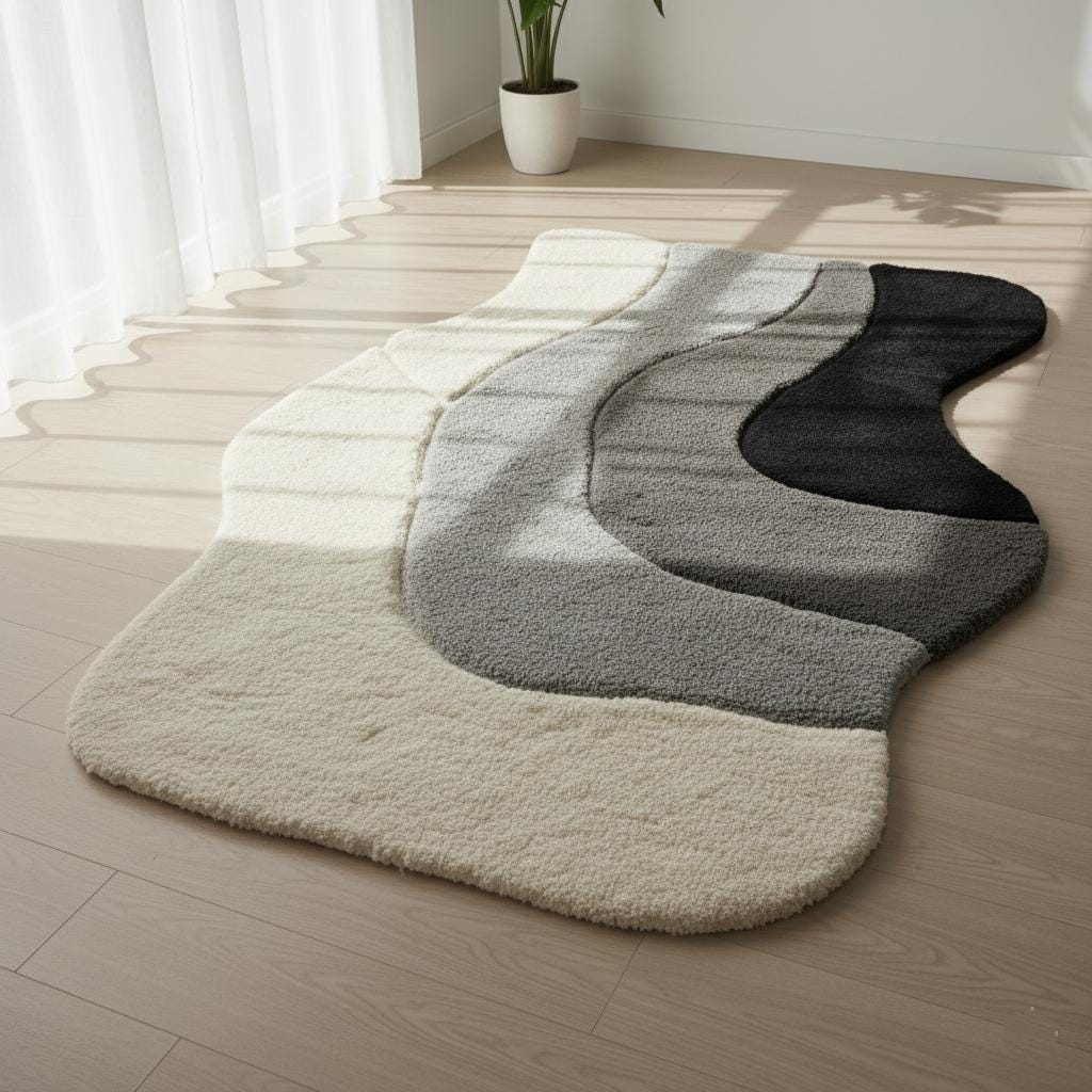 Abstract Wavy Tufted Wool Rug: Modern Neutral Black, Grey, Cream - 5x7 ft