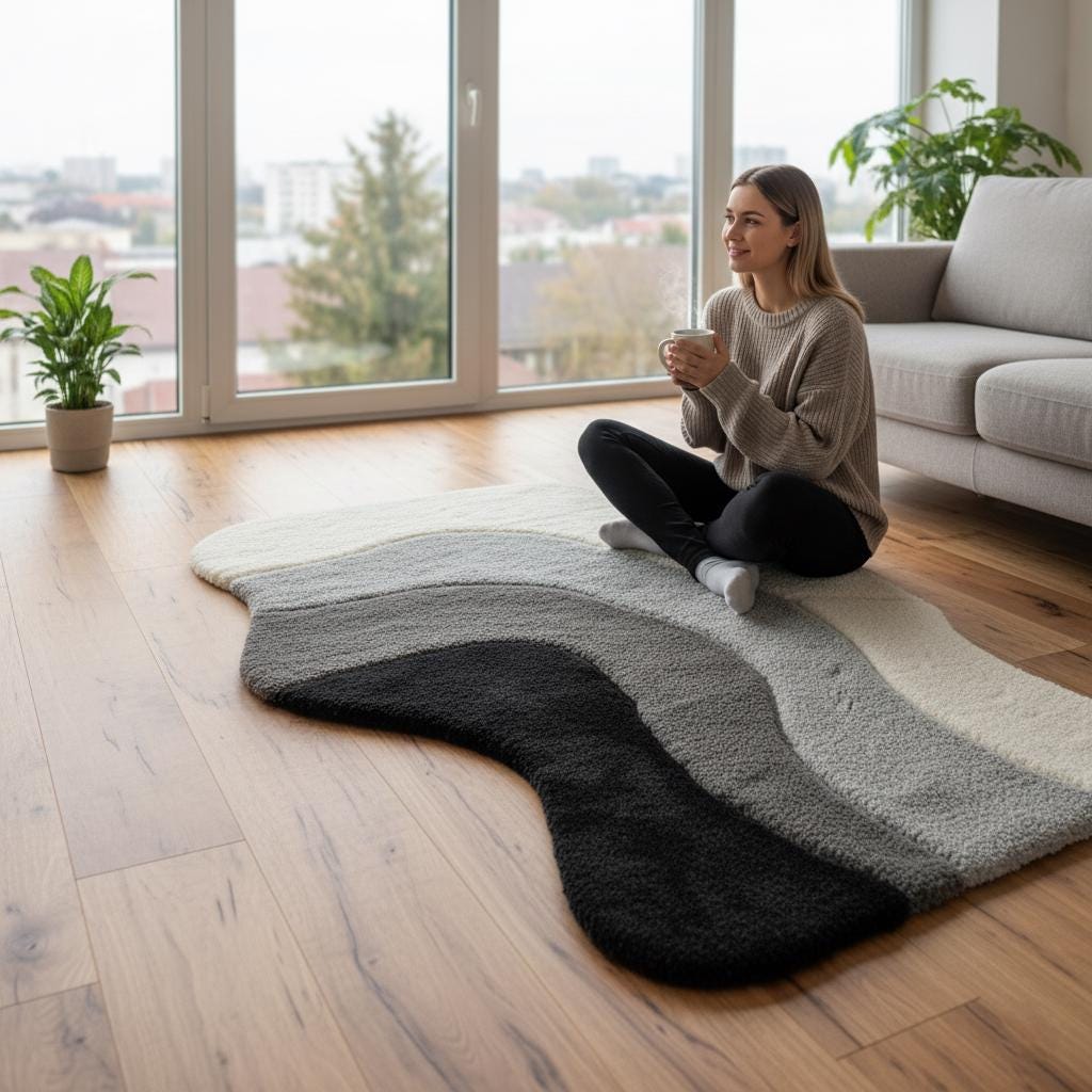 Abstract Wavy Tufted Wool Rug: Modern Neutral Black, Grey, Cream - 5x7 ft