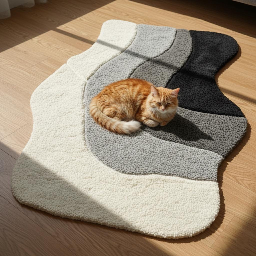 Abstract Wavy Tufted Wool Rug: Modern Neutral Black, Grey, Cream - 5x7 ft
