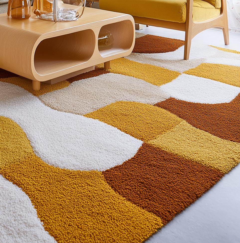 Retro Geometric Area Rug: Mustard Yellow, Brown & White Abstract Carpet