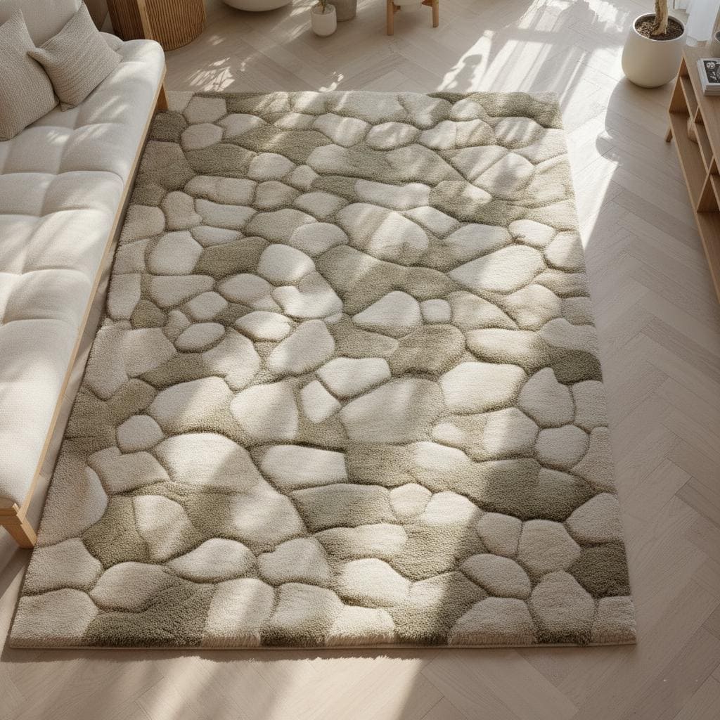 Neutral Beige Stone Pattern Rug: Plush Modern Minimalist Decor