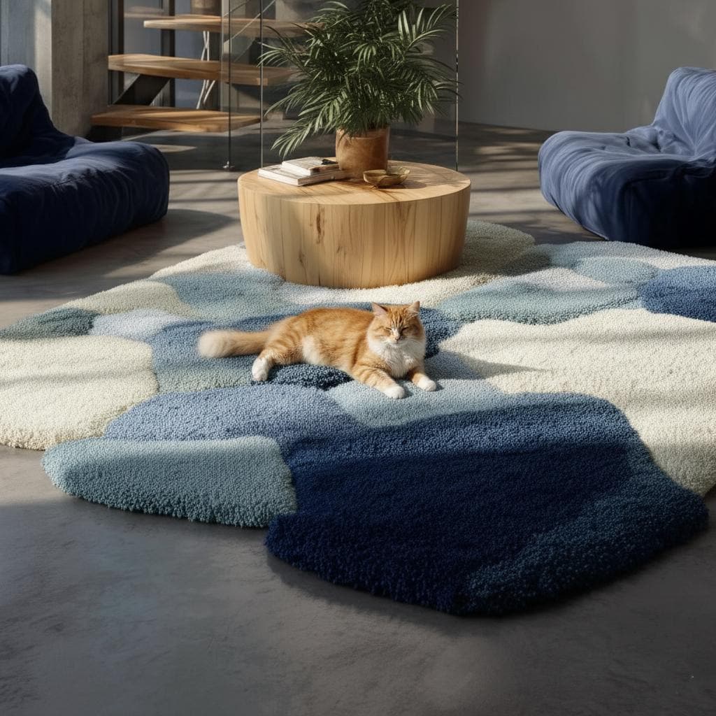 Handmade Blue Abstract Shag Rug: Plush Wool-Blend, Modern Design