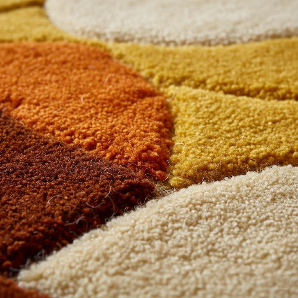 Retro Shag Rug: Hand-Tufted Wool, Geometric Circles, 70s Style