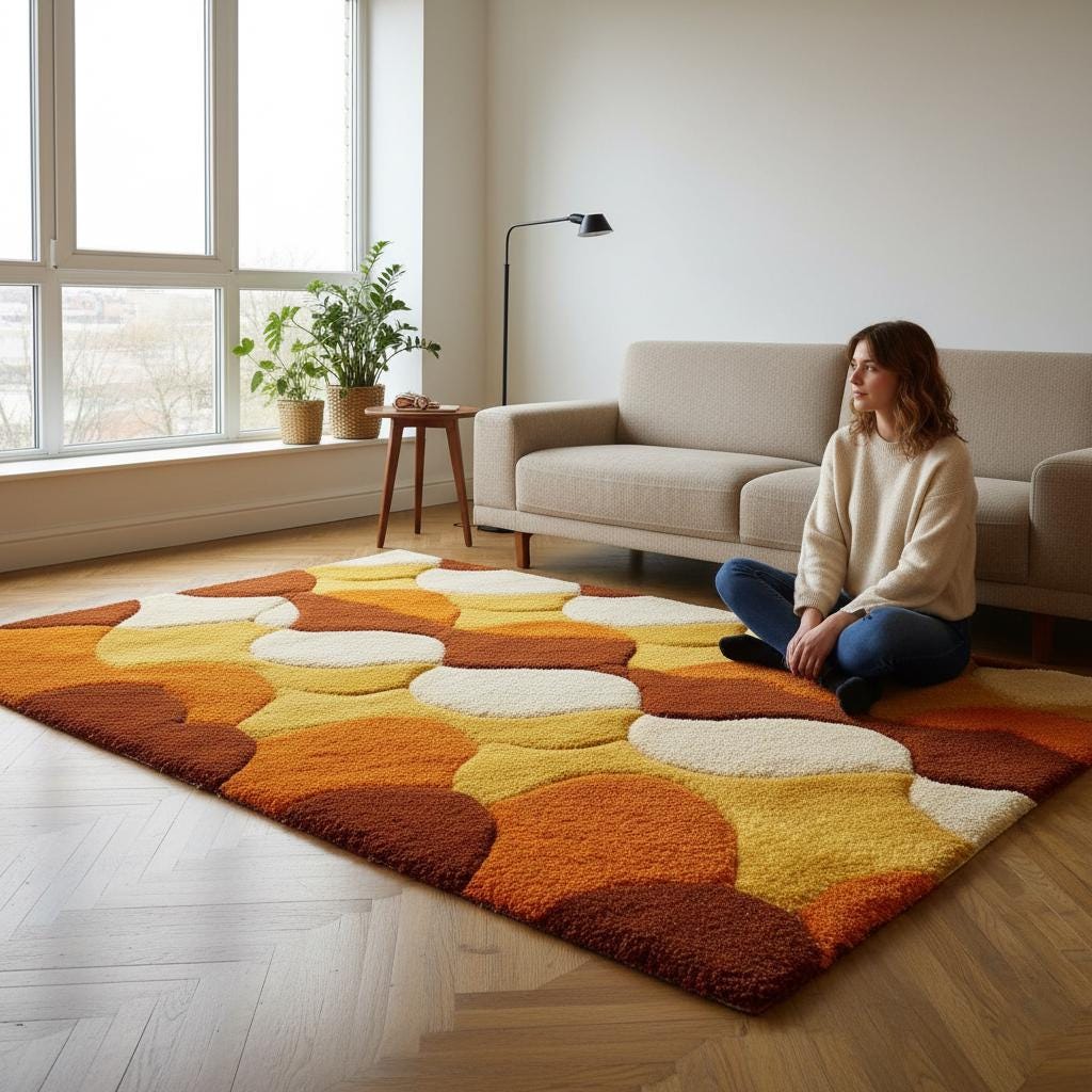 Retro Shag Rug: Hand-Tufted Wool, Geometric Circles, 70s Style