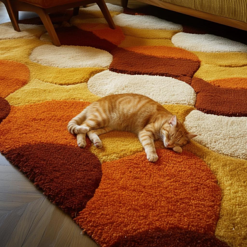 Retro Shag Rug: Hand-Tufted Wool, Geometric Circles, 70s Style